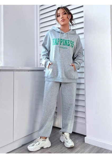 Kadın Gri Happiness Alt Üst Eşofman Takımı Oversize Kapüşonlu modelleri