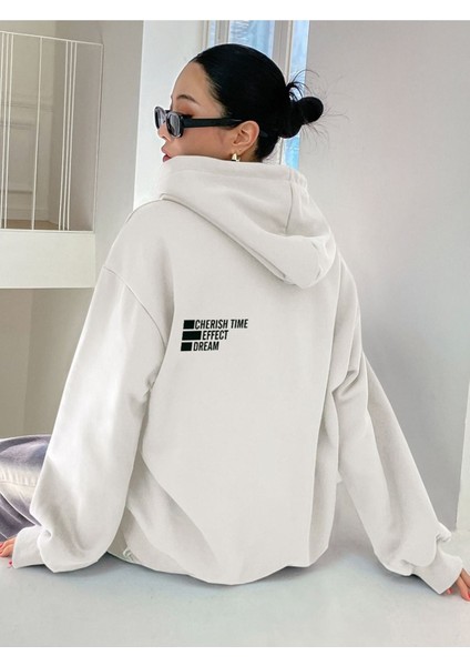 Cherish Time Sweatshirt - Beyaz Baskılı Oversize Şardonlu Kapüşonlu