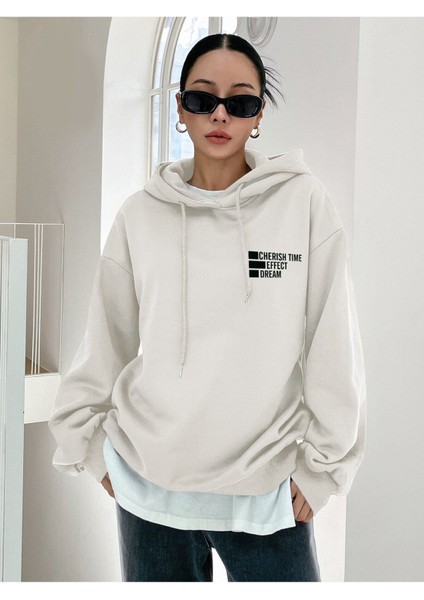 Cherish Time Sweatshirt - Beyaz Baskılı Oversize Şardonlu Kapüşonlu fiyatları