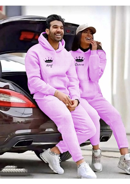 Sevgili Çift Kombini Üç Iplik King ve Queen Baskılı Alt-Üst Eşofman Takımı 2'li Set