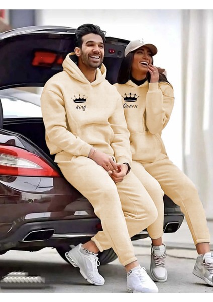 Sevgili Çift Kombini Üç Iplik King ve Queen Baskılı Alt-Üst Eşofman Takımı 2'li Set