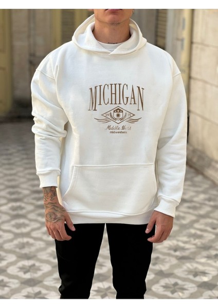 Erkek Beyaz Michigan Baskılı Kapüşonlu Hoodie