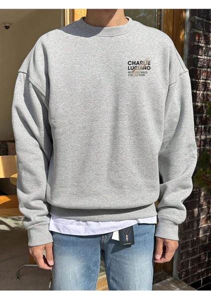 Charlie Luciano Tasarım Kışlık Sweatshirt - Gri Baskılı Oversize Şardonlu Bisiklet Yaka