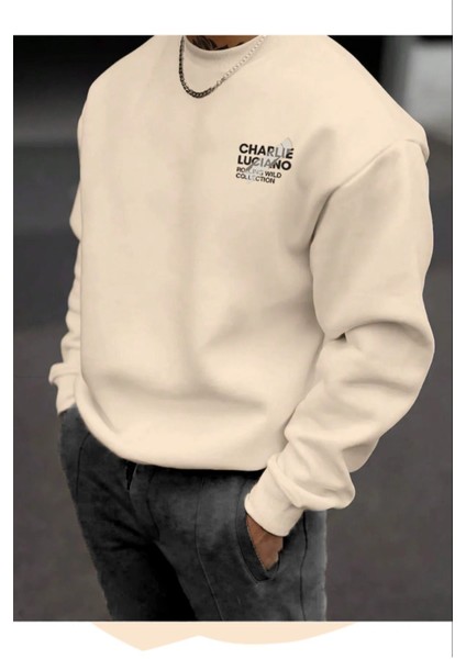 Charlie Luciano Tasarım Kışlık Sweatshirt - Bej Baskılı Oversize Şardonlu Bisiklet Yaka