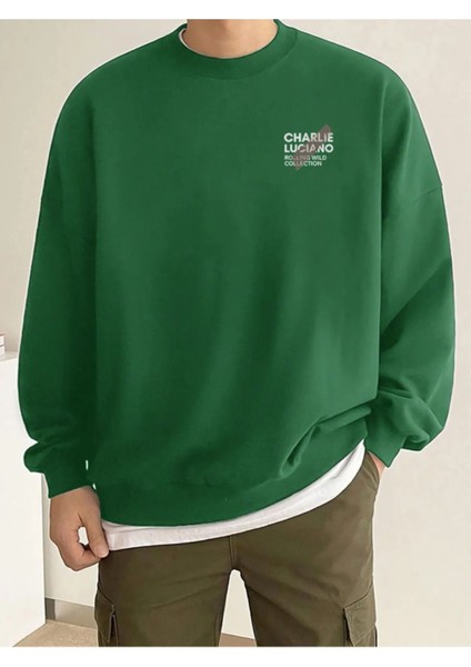 Charlie Luciano Tasarım Kışlık Sweatshirt - Nefti Yeşil Baskılı Oversize Şardonlu Bisiklet Yaka