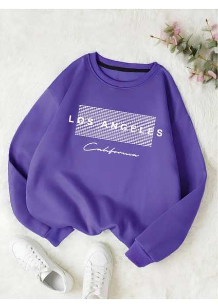 Unisex Kadın/erkek Detaylı Los Angeles Özel Baskılı Renkli Oversize Bisiklet Yaka Pamuklu Sweatshirt