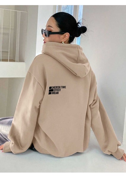 Cherish Time Sweatshirt - Bej Baskılı Oversize Şardonlu Kapüşonlu