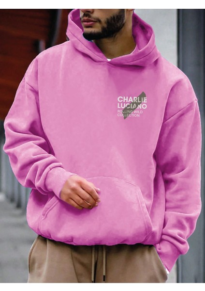 Charlie Luciano Tasarım Kışlık Sweatshirt - Pembe Baskılı Oversize Şardonlu Kapüşonlu