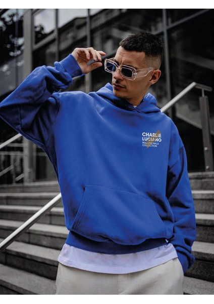 Charlie Luciano Tasarım Kışlık Sweatshirt - Sax Mavi Baskılı Oversize Şardonlu Kapüşonlu