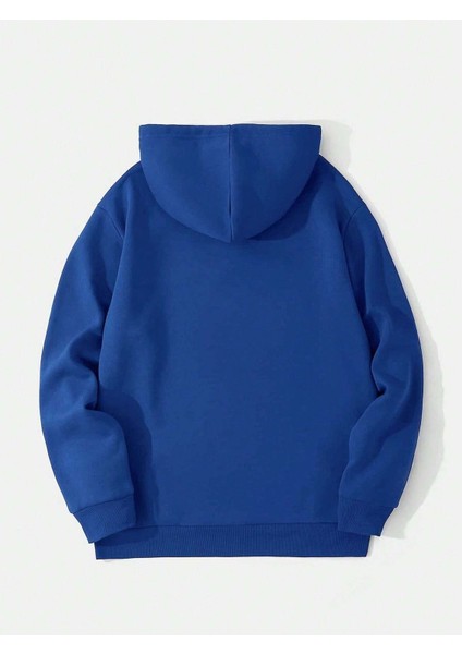 Charlie Luciano Tasarım Kışlık Sweatshirt - Sax Mavi Baskılı Oversize Şardonlu Kapüşonlu fiyatları