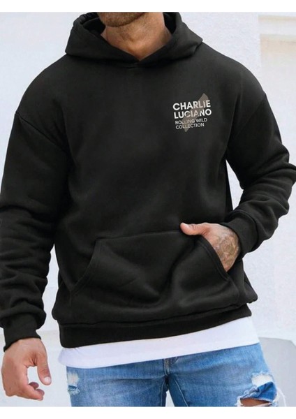 Charlie Luciano Tasarım Kışlık Sweatshirt - Siyah Baskılı Oversize Şardonlu Kapüşonlu