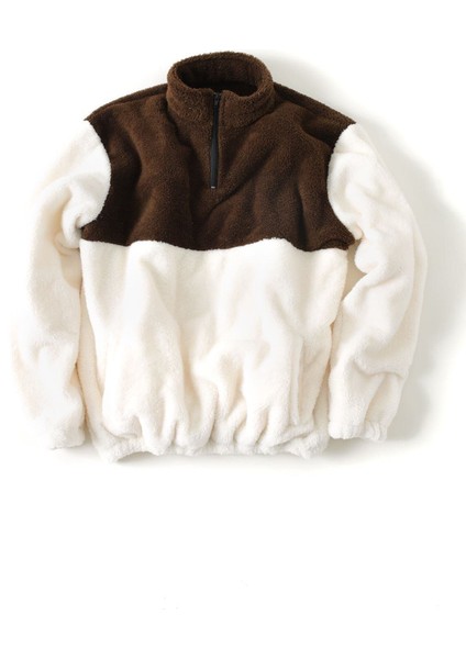 Erkek Oversize Cep Detaylı Yaka Fermuarlı Kahverengi Pelüş Sweat