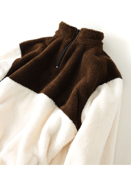 Erkek Oversize Cep Detaylı Yaka Fermuarlı Kahverengi Pelüş Sweat modelleri