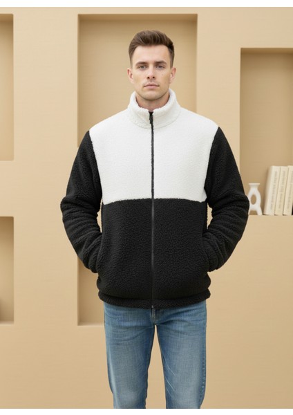 Premium, Unisex, Siyah-Beyaz, Renk Bloklu, Fermuarlı, Dik Yaka, Sherpa, Polar, Ceket