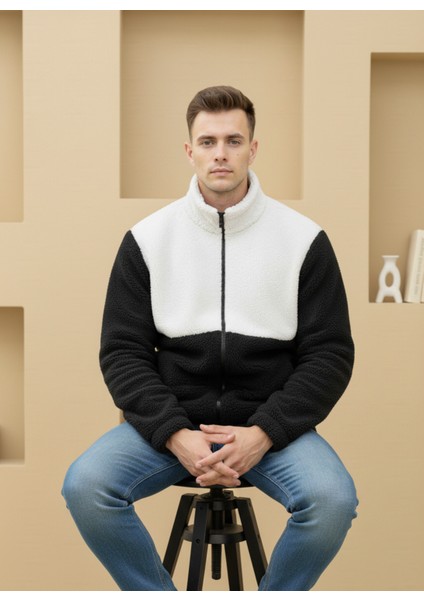 Premium, Unisex, Siyah-Beyaz, Renk Bloklu, Fermuarlı, Dik Yaka, Sherpa, Polar, Ceket fiyatları