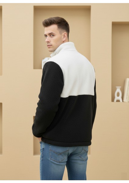 Premium, Unisex, Siyah-Beyaz, Renk Bloklu, Fermuarlı, Dik Yaka, Sherpa, Polar, Ceket modelleri