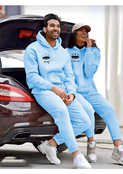 Sevgili Çift Kombini Üç Iplik King ve Queen Baskılı Alt-Üst Eşofman Takımı 2'li Set