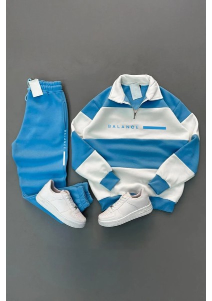 Erkek Bebe Mavi Beş Parçalı Dik Yaka Balance Baskılı Bebemaviesofman Takımı