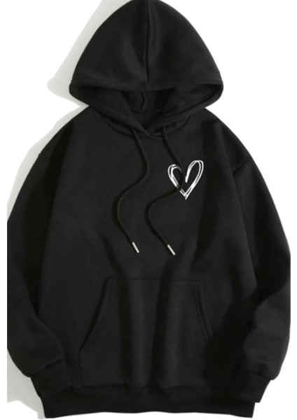 Kadın Siyah Kalp Baskılı Kapşonlu Oversize Sweatshirt