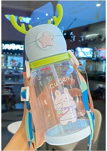 Geyik Başlıklı Çocuk Suluk Matara Bpa Içermez Dayanıklı Sızdırmaz Askı Aparatlı Pipetli Okul Suluğu