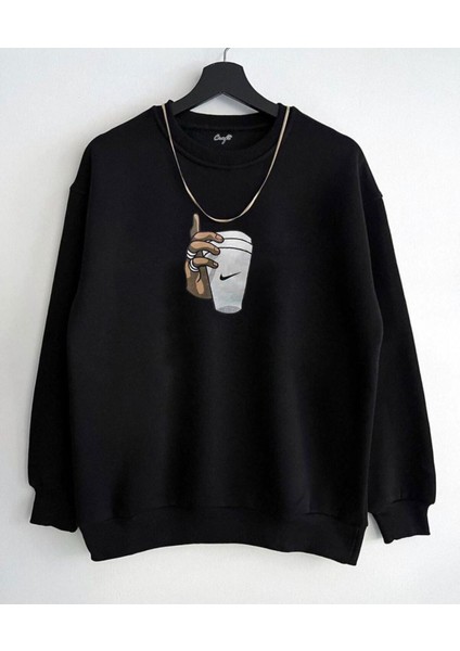 Üçiplik Unisex Siyah Bardak Baskılı Bisiklet Yaka Sweatshirt