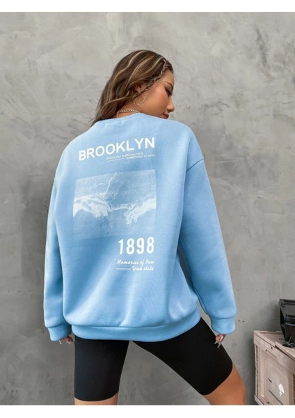 Unisex Kahve Brooklyn Sırt Baskı Oversize Bisiklet Yaka Sweatshirt