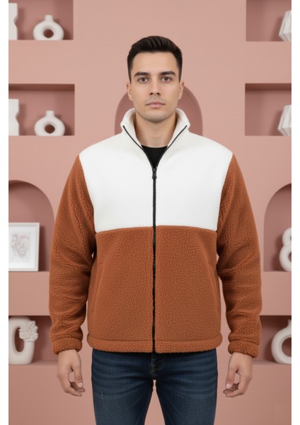 Trend, Unisex, Tarçın-Beyaz, Renk Bloklu, Fermuarlı, Dik Yaka, Sherpa, Polar, Ceket