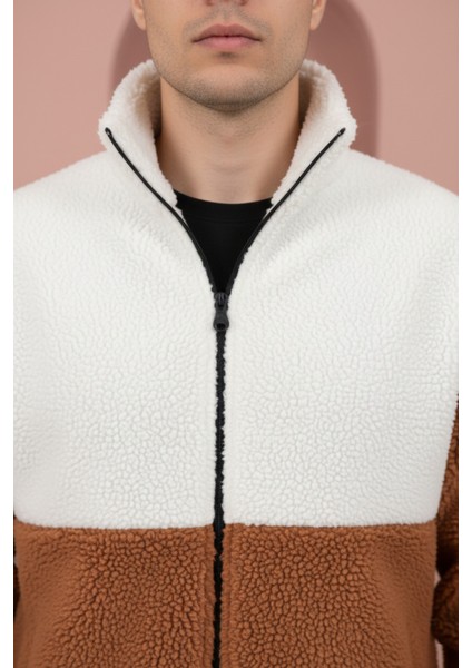 Trend, Unisex, Tarçın-Beyaz, Renk Bloklu, Fermuarlı, Dik Yaka, Sherpa, Polar, Ceket modelleri