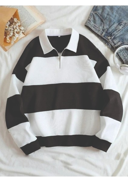 Parçalı Renk Yarım Fermuarlı Polo Yaka Sweatshirt Içi Polarlı Unisex Akmayan Kumaş