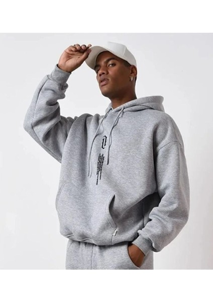 Unisex Göğüs Dikey Baskılı Oversize Kapşonlu Sweatshirt