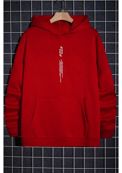 Erkek Kırmızı Göğüs Dikey Baskılı Oversize Kapüşonlu Sweatshirt
