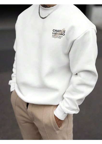Charlie Luciano Tasarım Kışlık Sweatshirt - Beyaz Baskılı Oversize Şardonlu Bisiklet Yaka