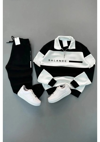 Erkek Siyah Beş Parçalı Dik Yaka Balance Baskılı Siyah Esofman Takımı