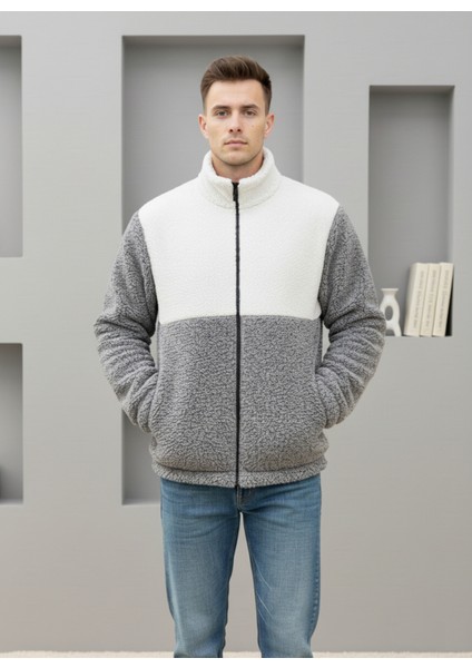 Trend, Unisex, Gri-Beyaz, Renk Bloklu, Fermuarlı, Dik Yaka, Sherpa, Polar, Ceket