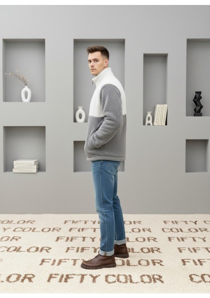 Trend, Unisex, Gri-Beyaz, Renk Bloklu, Fermuarlı, Dik Yaka, Sherpa, Polar, Ceket modelleri