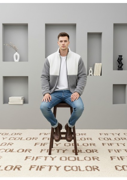 Trend, Unisex, Gri-Beyaz, Renk Bloklu, Fermuarlı, Dik Yaka, Sherpa, Polar, Ceket fırsatları