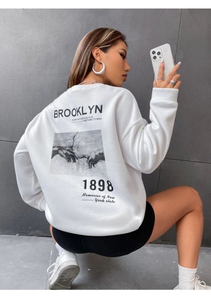 Unisex Kahve Brooklyn Sırt Baskı Oversize Bisiklet Yaka Sweatshirt