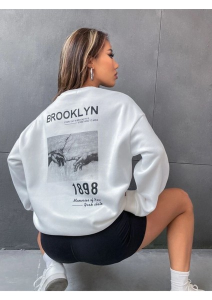 Unisex Kahve Brooklyn Sırt Baskı Oversize Bisiklet Yaka Sweatshirt modelleri