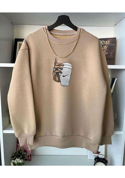 Unisex Bej Bardak Baskılı Bisiklet Yaka Sweatshirt