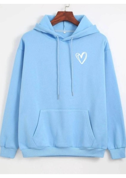 Kadın Bebe Mavi Kalp Baskılı Kapşonlu Oversize Sweatshirt