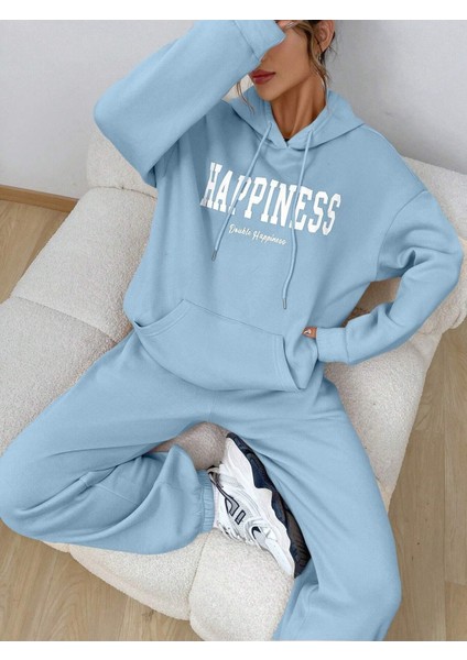 Kadın Bebe Mavi Happiness Alt Üst Eşofman Takımı Oversize Kapüşonlu