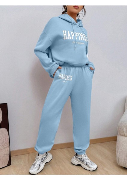 Kadın Bebe Mavi Happiness Alt Üst Eşofman Takımı Oversize Kapüşonlu modelleri