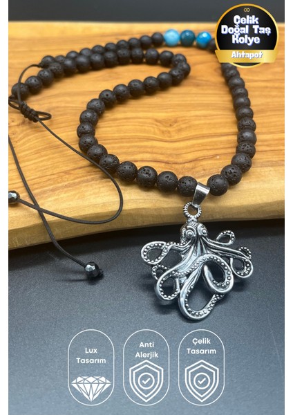 Derin Güç Ahtapot Uçlu Lav Akik Doğal Taşlı Özel Tasarım Çelik Kolye Unisex 50–80 cm