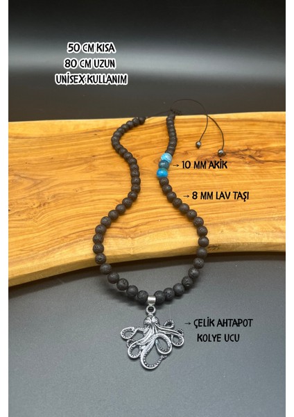 Derin Güç Ahtapot Uçlu Lav Akik Doğal Taşlı Özel Tasarım Çelik Kolye Unisex 50–80 cm fiyatları