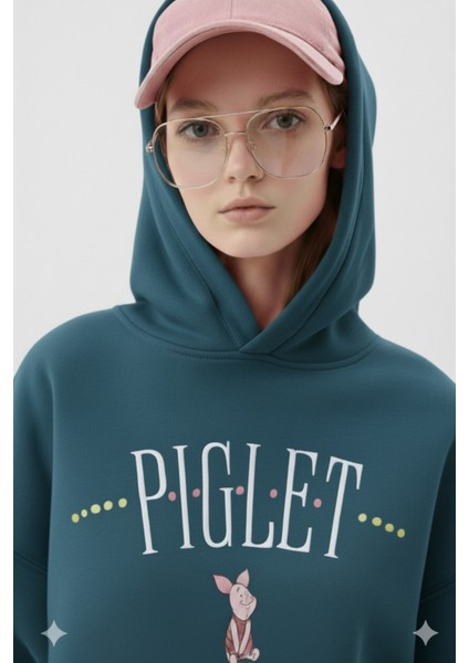 Piglet Baskılı Petrol Mavisi Kapüşonlu Kanguru Cepli Bol Kesim Sweatshirt