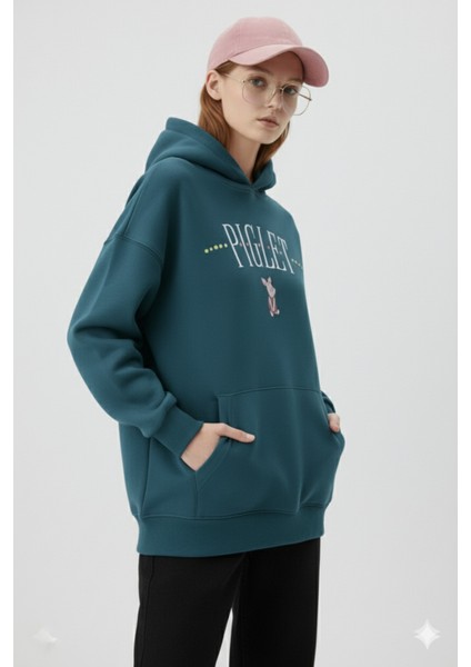 Piglet Baskılı Petrol Mavisi Kapüşonlu Kanguru Cepli Bol Kesim Sweatshirt fiyatları