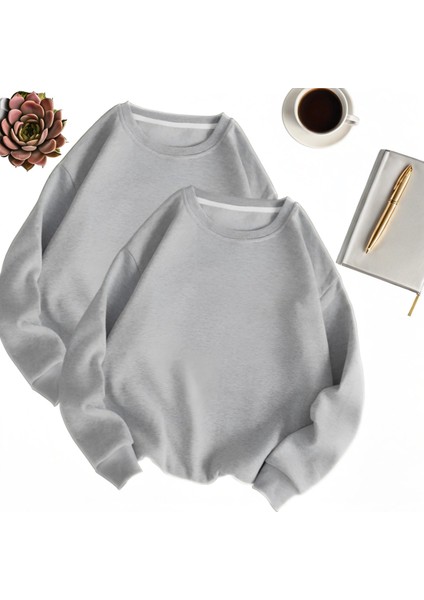 2 Li Siyah ve Gri Basic Kışlık Sweatshirt Şardonlu