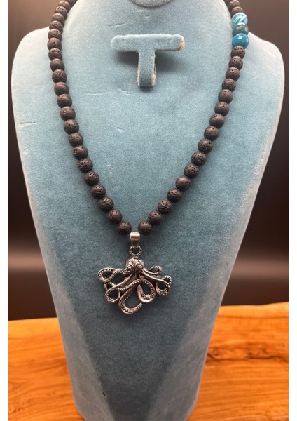 Derin Güç Ahtapot Uçlu Lav Akik Doğal Taşlı Özel Tasarım Çelik Kolye Unisex 50–80 cm