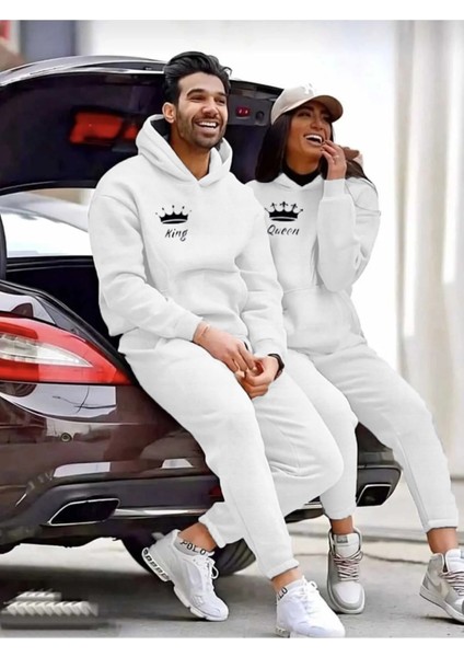 Sevgili Çift Kombini Üç Iplik King ve Queen Baskılı Alt-Üst Eşofman Takımı 2'li Set