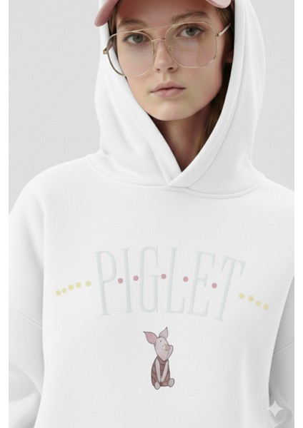 Piglet Baskılı Kapüşonlu Kanguru Cepli Bol Kesim Sweatshirt